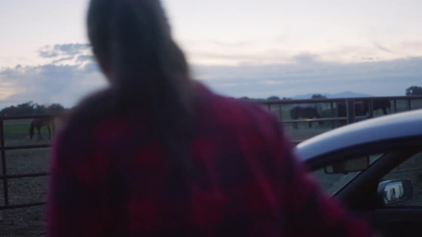 A woman getting out of a car walking up to and hugging another woman with horses the sky and clouds in the background