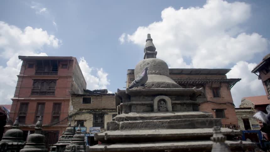 Pigeons land and fly around in a plaza surrounded by run-down old buildings