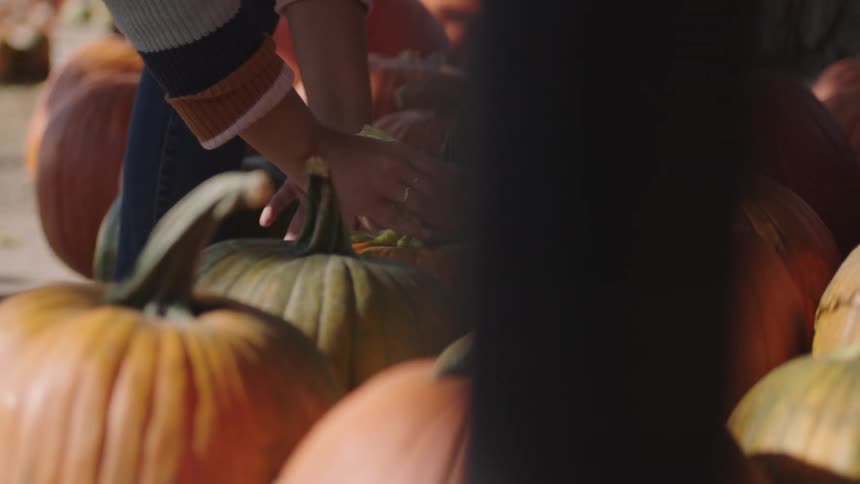 A woman comparing pumpkins