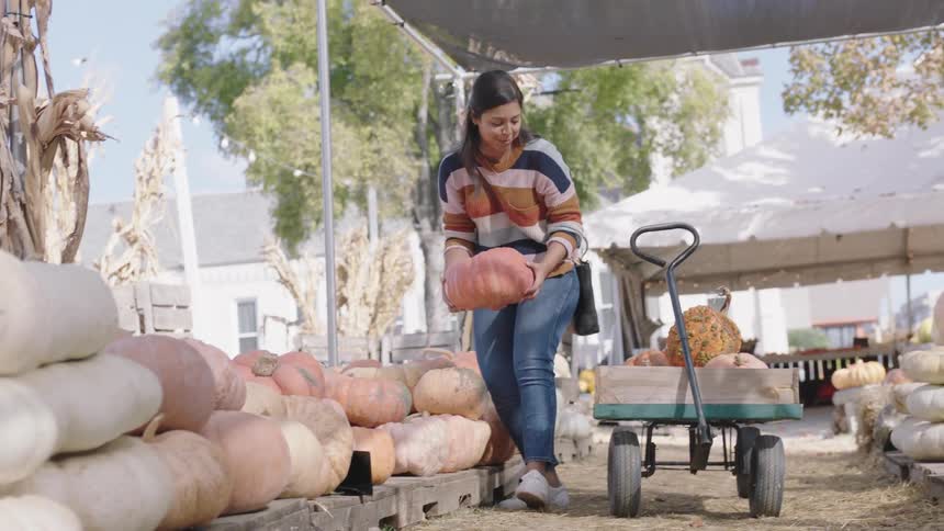 A woman smiles as she picks up a pumpkin and places it in a wagon at a produce stand