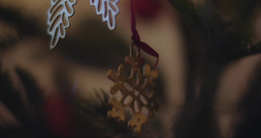 Snowflake shaped christmas decoration hanging from a pine tree at home