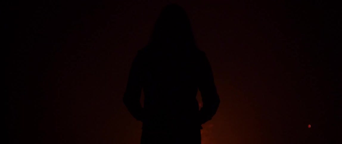 The silhouette of a woman can be seen standing in front of sparkling fireworks