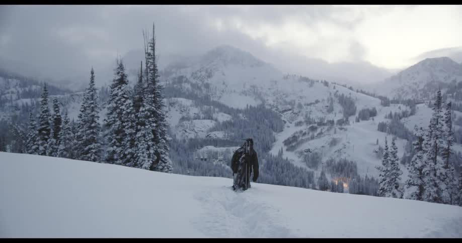 A man is walking through an arctic area