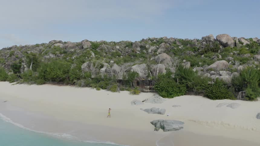 Aerial of man walking on a tropical beach on sunny day
