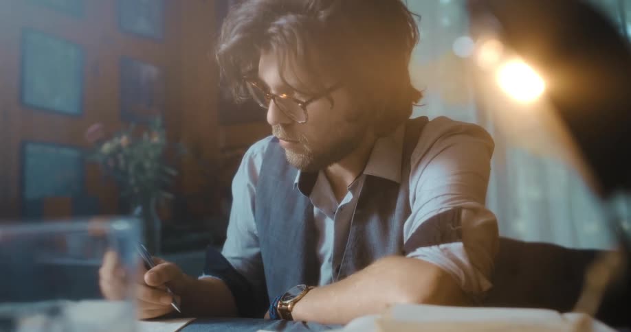 A man sits at desk in an office writing on a piece of paper