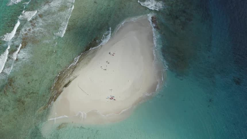 An aerial view of people on the beach and the water surrounding them