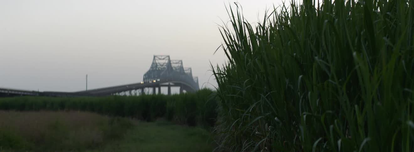 A bridge over a body of water with vehicles driving over it with headlights illuminated