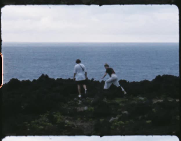 A male and a female walk on land in front of an ocean