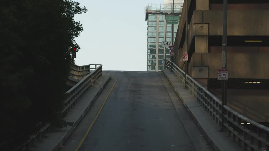 Access ramp on the side of a building in the citys downtown in the morning