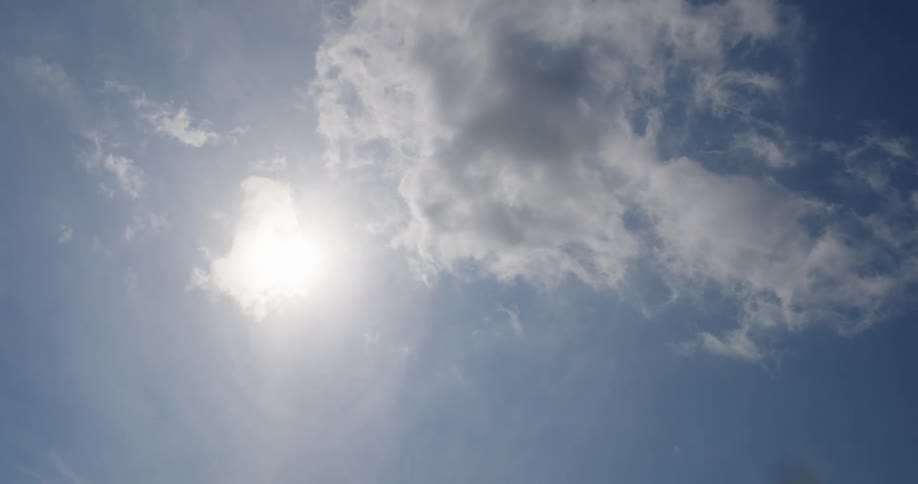 Sun briefly hiding behind small white clouds on a blue sky