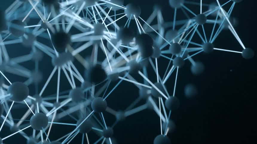 Atoms connect to form a complex molecule vibrating underwater