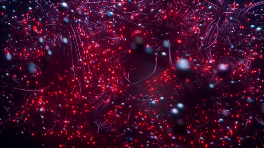 A bunch of purple strings moving together with black balls and red and blue lights