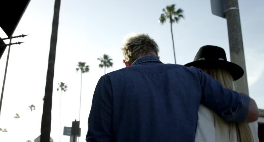 A couple walking down a city street