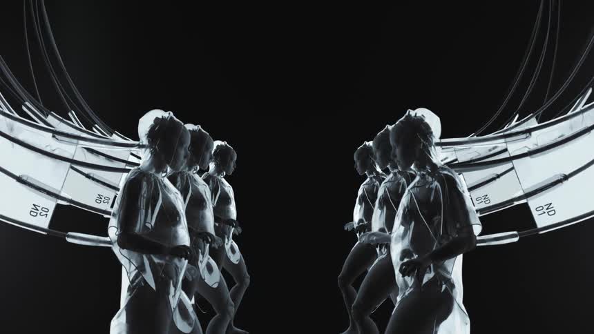 Black and white footage of androids or robots walking towards each other in a dark room