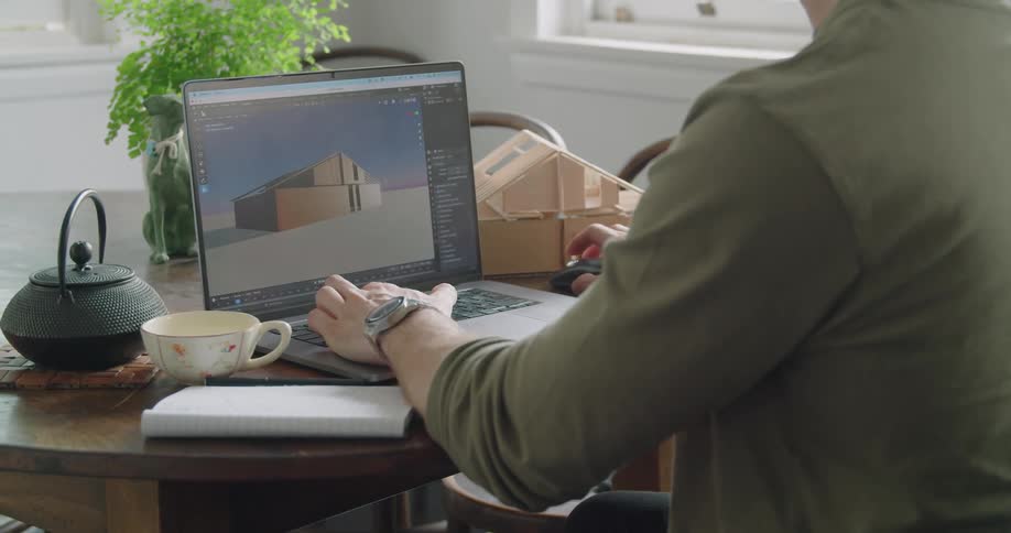 A man looks at a model and his laptop as he works in an office
