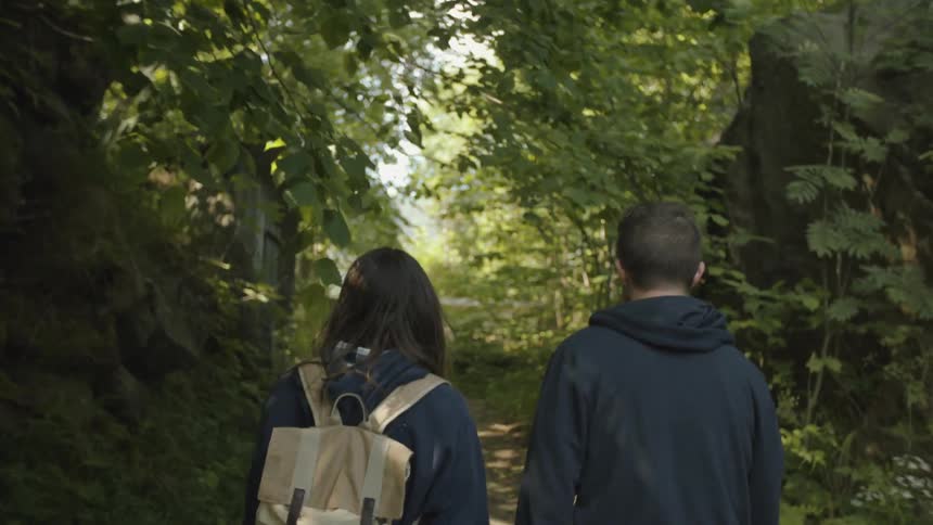 A man and a woman take a walk in the woods