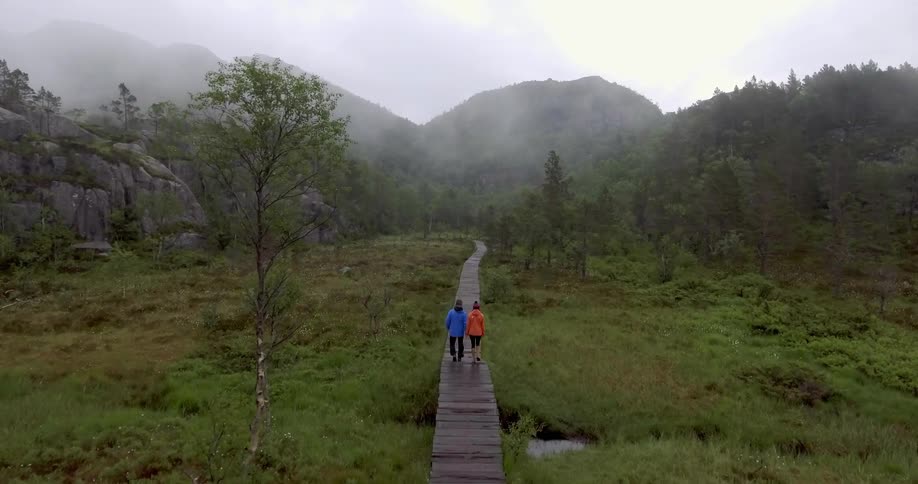 Two people are walking over a winding boardwalk in the wilderness
