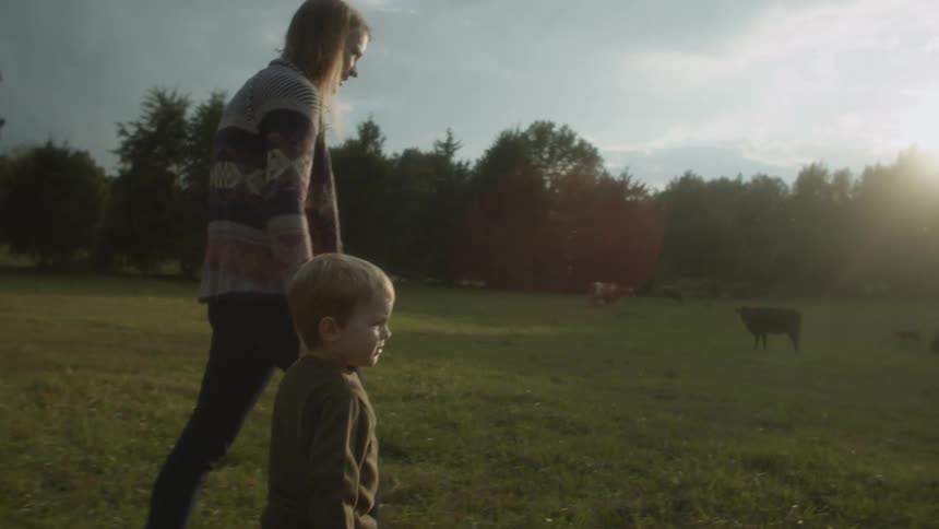 A mother and son walking towards cows