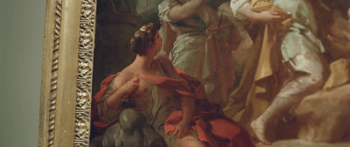 A painting in a gold wooden frame of men