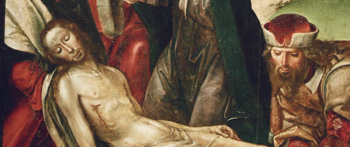 Close up of a classic oil painting depicting the crucifiction of jesus christ