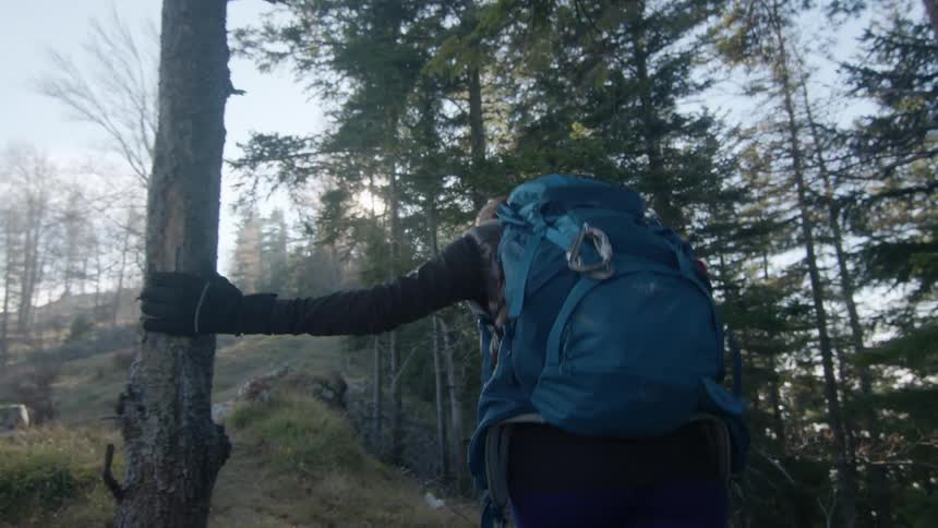 A woman hiking through a forest