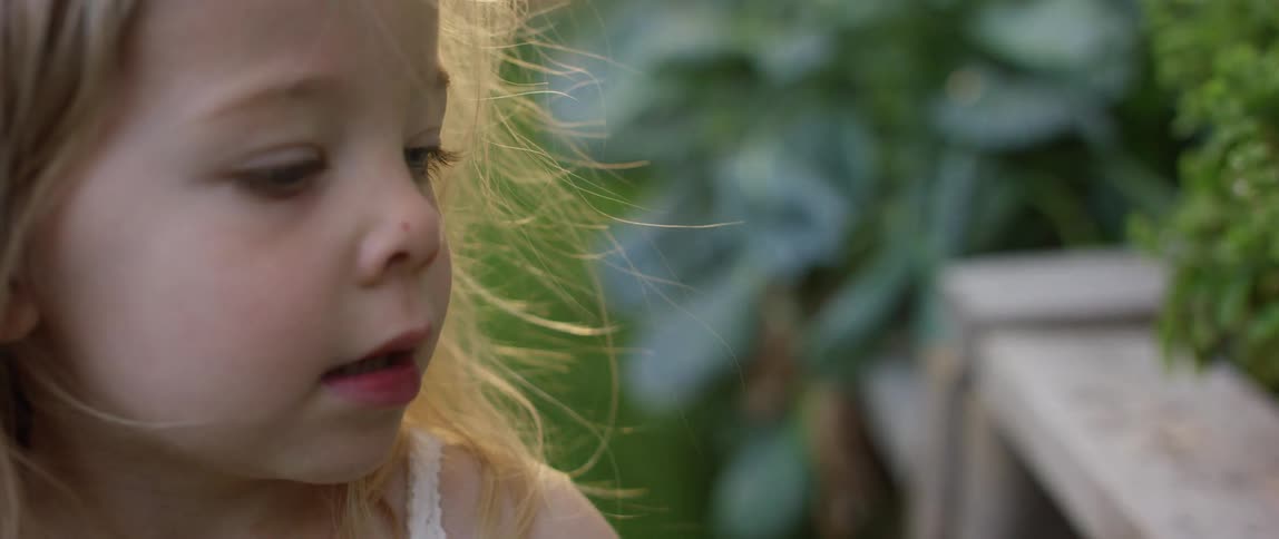A child is looking around the yard