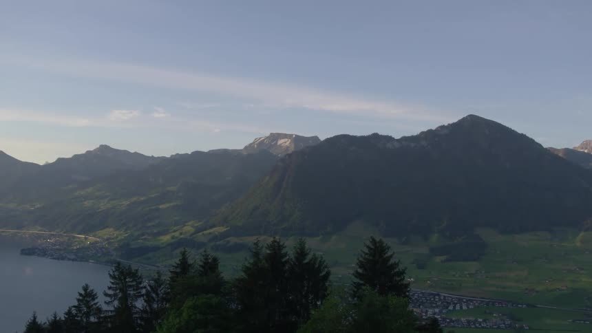 Landscape with mountains forest and a body of water on a clear day