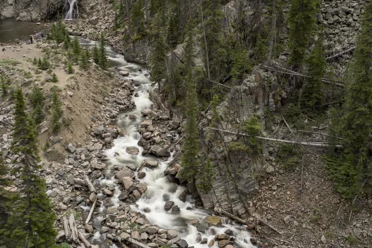 A time lapse of a mountain water fall pool and stream with trees around and people walking