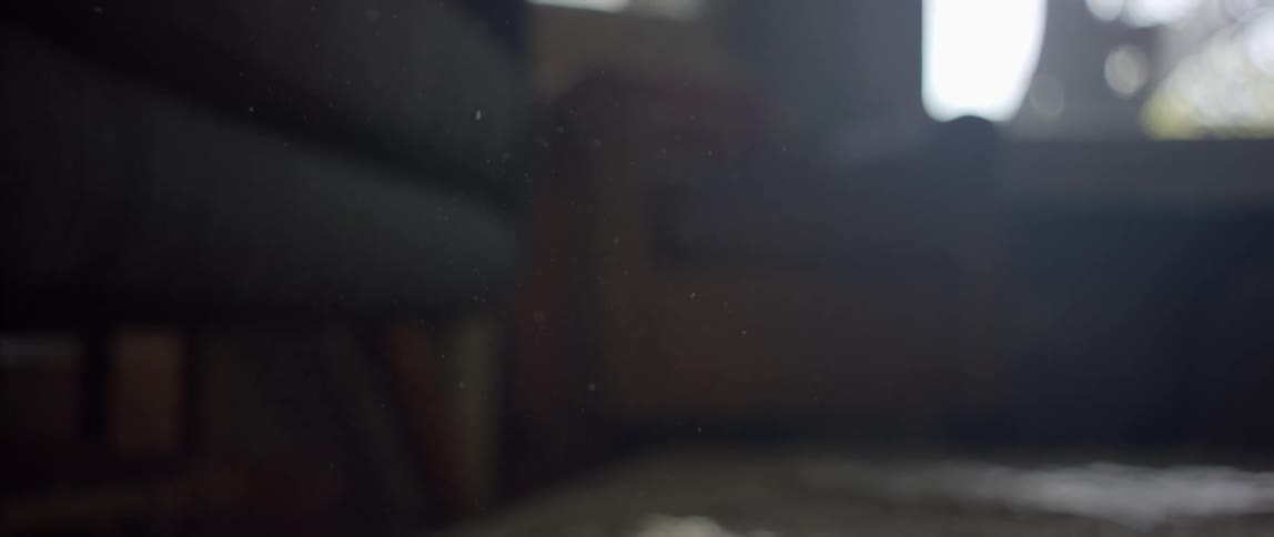 Dust motes floating in the air inside a dimly lit room at home