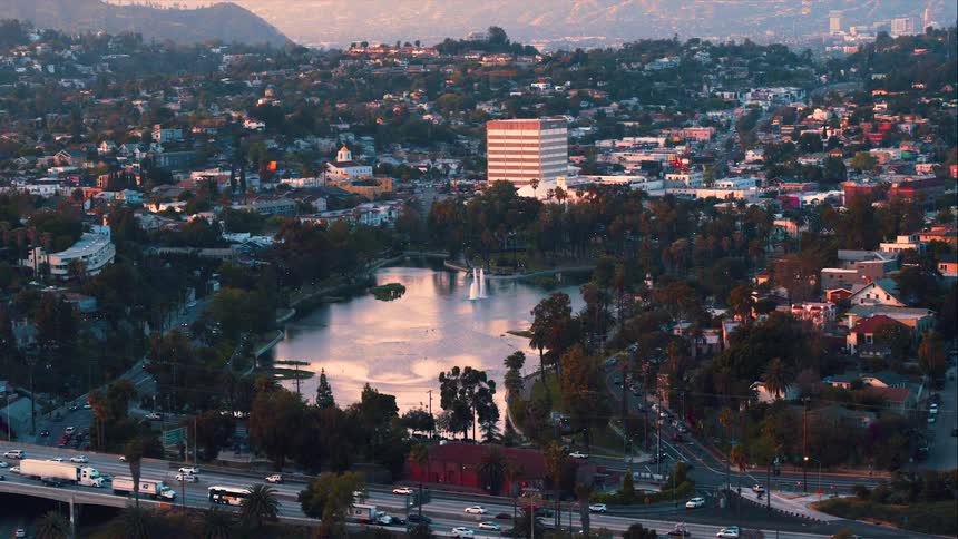 Aerial view of Echo Park Lake and the 101 Freeway at Sunset