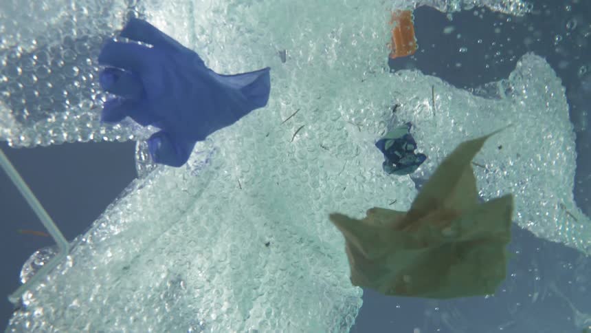 Several pieces of trash and plastic bubble wrap float at the surface of the water