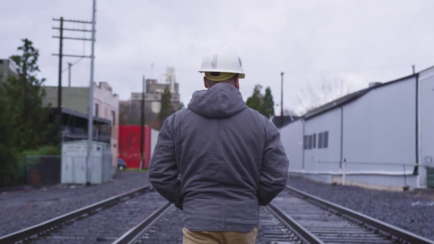 Man walking in the middle of train tracks