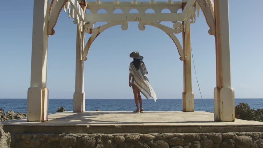A woman stands beneath a pergola that overlooks the ocean under a clear sky
