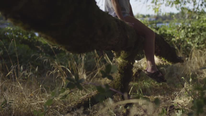 A person sits on a log swing their bare legs outdoors in greenery with water in the background