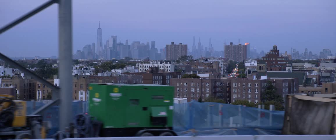 City skyline with buildings at dusk