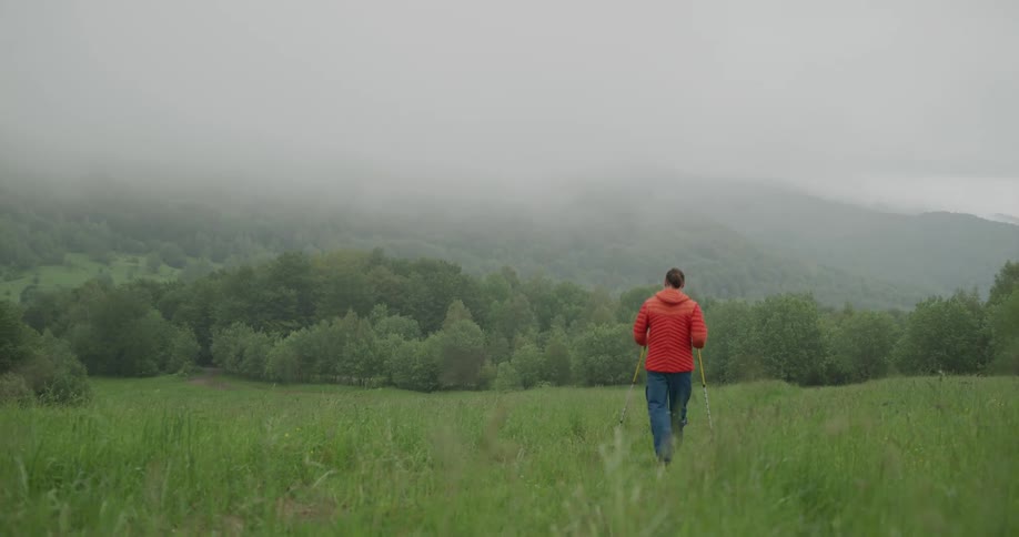 A man with a jacket walking with poles in a grassy field with trees in the background