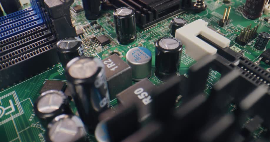 Close up of the electronic components on a computer circuit board