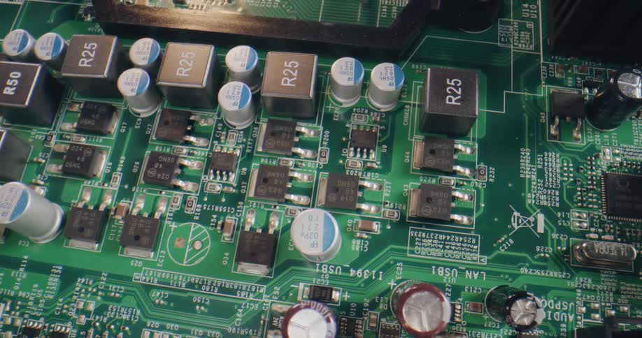 Green circuit board with metal and plastic components