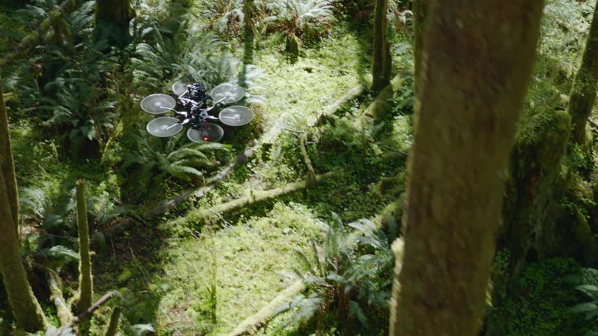 Intersecting top down traverse of a commercial drone flying through thick woods