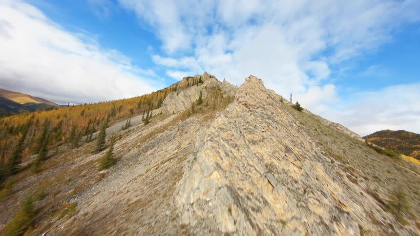 Mountain range with trees on its sides sits under a blue sky