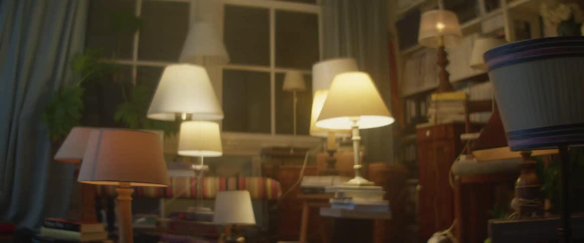 A large collection of lamps rapidly flash on and off in a house at night