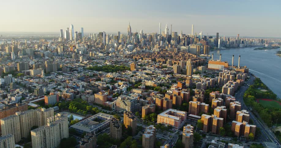 Aerial view of manhattans downtwon skyscraper skyline at evening