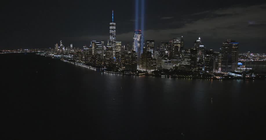 Aerial view of the tribute in light art installation in remembrance of the september 11 attacks