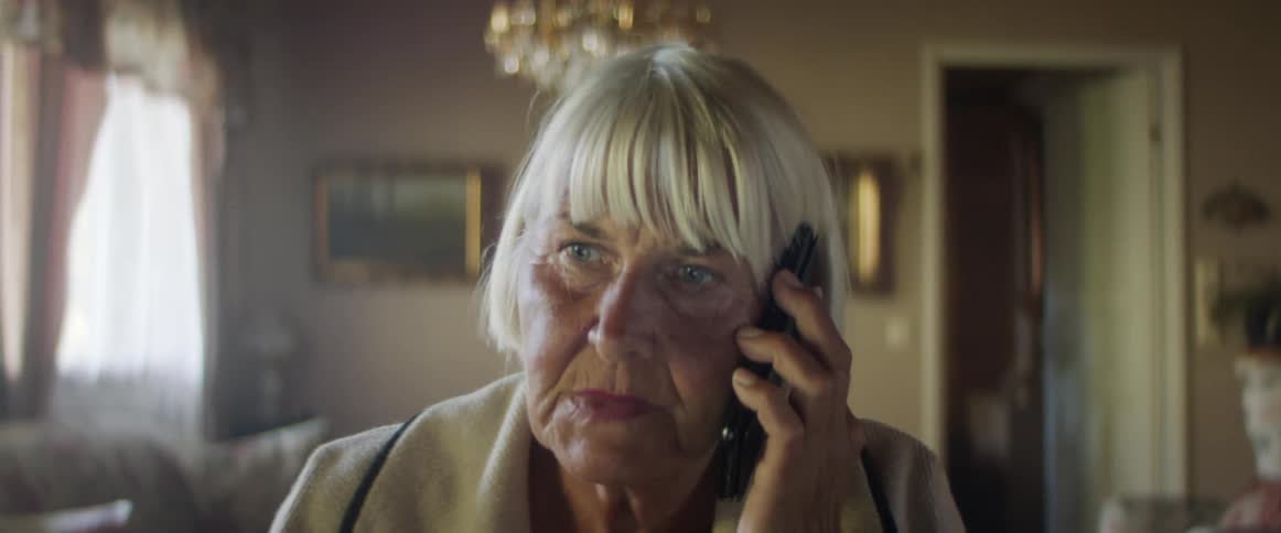 An elderly woman talking on the phone in the living room