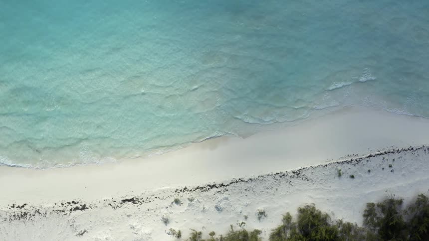 Aerial view of a tide coming in on the shore of a white sand beach at daytime