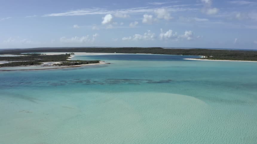 Aerial view of ocean and beach on land with a blue sky