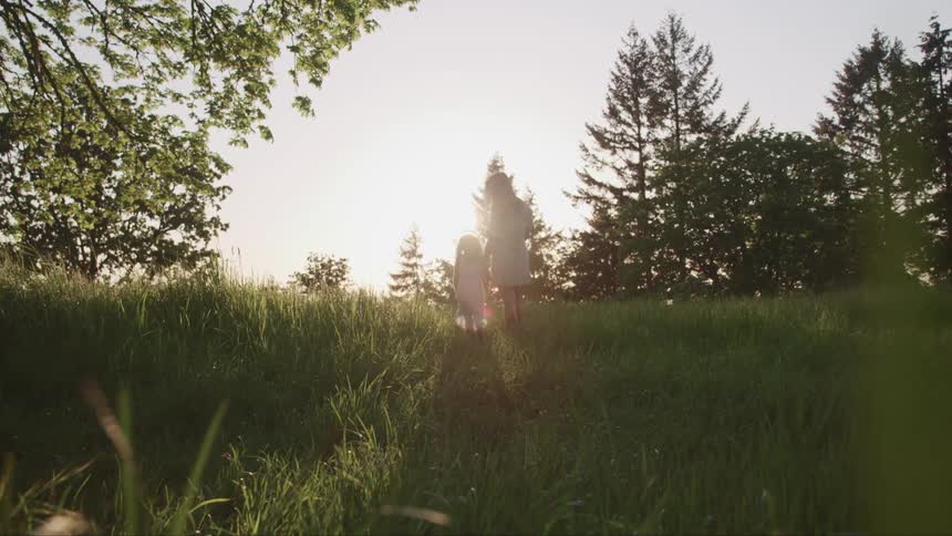 Two daughters walking in a field