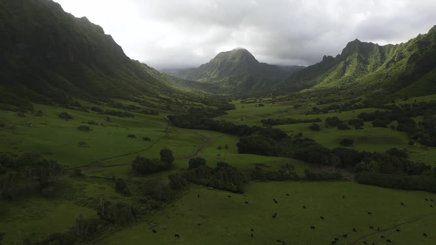 Sunlight peaks through heavy clouds over a lush green field and canyon
