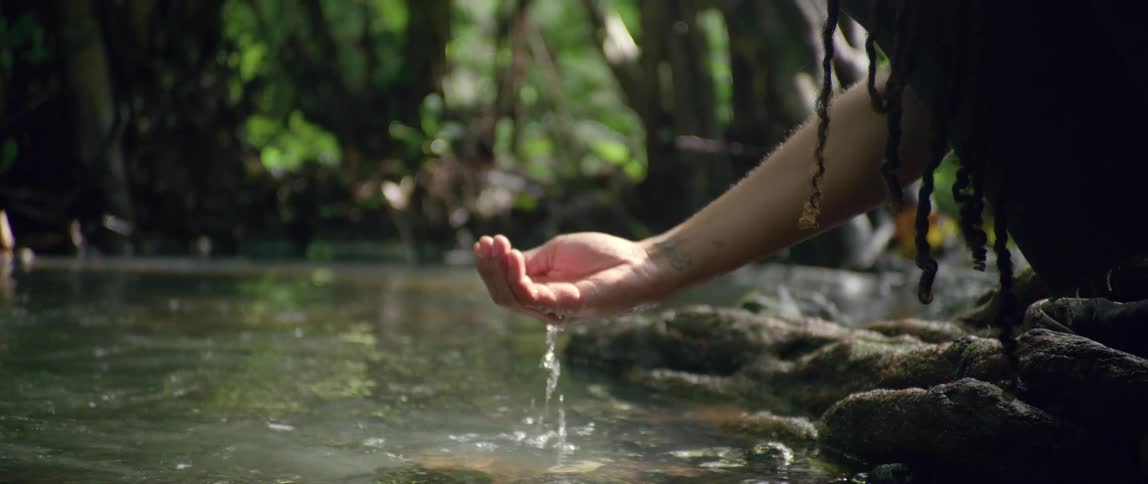 Person dips hand into running water near trees and watches water drip from hand