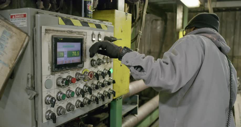 Man directs machinery using dial on control box